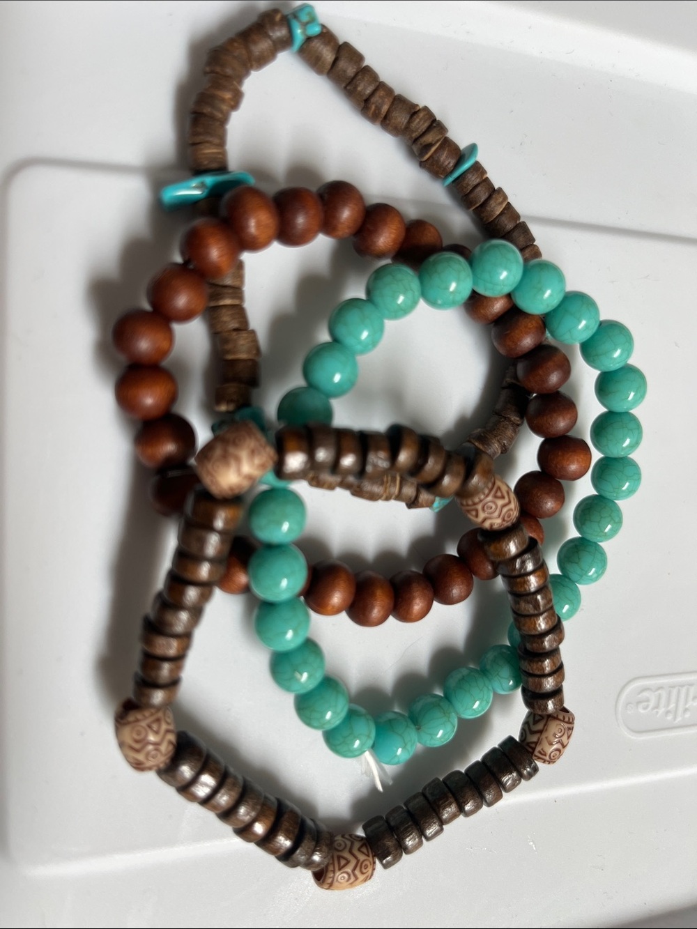 Turquoise and Natural Wood Beaded Stretch Bracelet Set - Unbranded